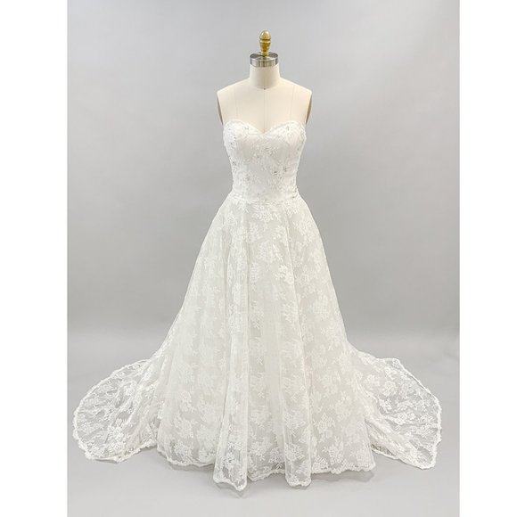US Bridal Size 4 (EU size 8) - Floral Lace Embroidered Strapless A-line Dress - Picture 1 of 5